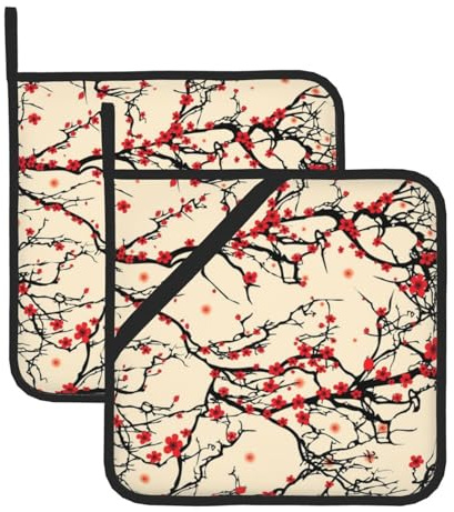 Set di presine quadrate con alberi rossi, resistenti al calore, impermeabili, per grigliare, cuocere al forno e microonde (confezione da 2 con tasca e gancio per appenderlo)
