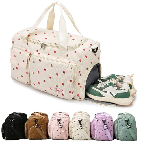 Cord Erdbeer Sporttasche Damen Groß, Sporttasche mit Schuhfach und Schwimmtasche, Reisetasche Groß mit Nassfach, Gym-Tasche