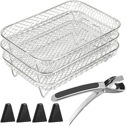 Airfryer Körbe Stapelbar, Heißluftfritteusen-Mehrschichtgestell, Grill-Dörrgestelle Aus Edelstahl, Zubehör Für Heißluftfritteusen, 3 Schichten Mit Silikonfüßen Zum Grillen Und Kochen