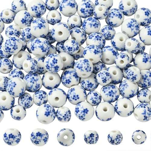 PONABEADIY 1 scatola Da 100 pezzi Da 8mm e 10mm, Perline di Porcellana Stampate con Fiori Blu e BianCHIS, con Fori, Fiori In Ceramica Cinese, Ciondoli Distanziatori Rotondi Vintage, Perline Sfuse per