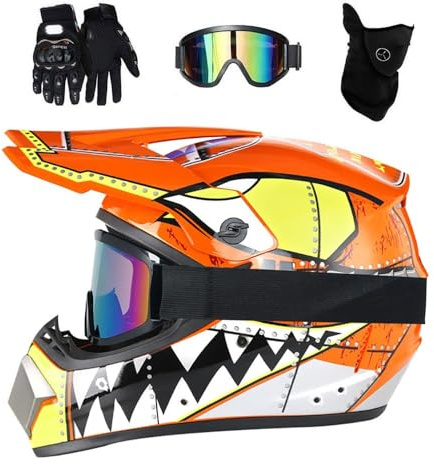Youth Kids Motocross Helmet Set, with Goggles Gloves Mask, Unisex Full Face Off Road Street Racing Motorbike Helmets, Downhill Enduro BMX MTB ATV Quad Dirt Bikes Helmet(Orange,L/56-57CM)