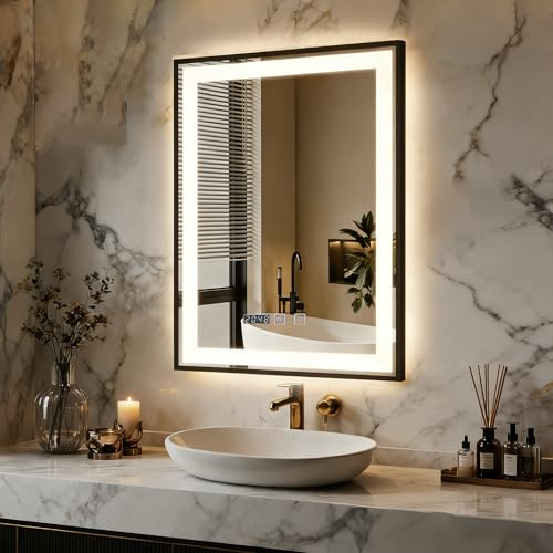 YOURLITE Badspiegel mit Beleuchtung 50x70cm,Badezimmerspiegel LED mit Uhr | Badezimmer Wandspiegel mit Beschlagfrei,Touch-Schalter,Spiegel Bad mit Licht,3Lichtfarben Dimmbar,Schwarz,Vertikal,Rechteckig