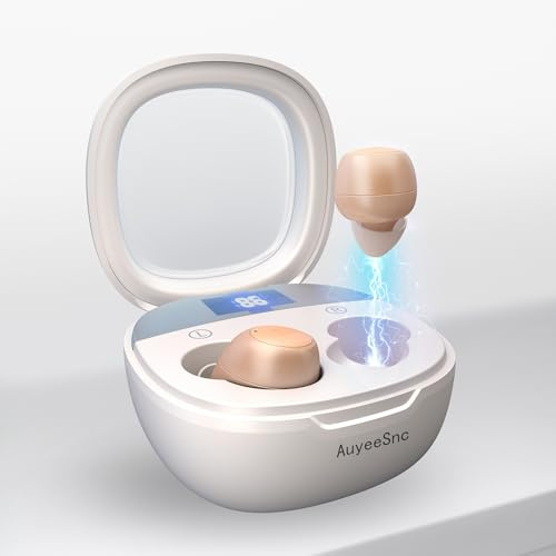AuyeeSnc OTC Hearing Aids for Seniors Rechargeable Hearing Amplifiers with Noise Cancelling for Mild to Moderate Hearing Loss, In Ear Nearly Invisible, Auto On/Off, Memory Functions, Portable Charging Case, LED Display Elderly-Friendly