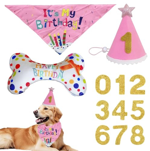 3 Stücke Hunde Geburtstags Set, Rosa hundegeburtstag Schal-Set, Mit 9 Bling hundekuchen Geburtstag Spielzeug,Hund Geburtstag Geschenk
