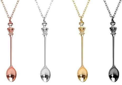 4PCS Spoon Necklaces Set, Black, Silver, Gold, Rose Gold, Mini Key Necklace, Antique Style Spoon Necklace, Tiny Coke Spoon & Crown Pendan, Long Chain Necklace for Women