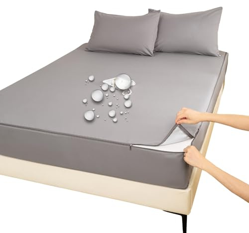 Housse Intégrale Matelas 130/140X190,160/170X190 Protège Matelas avec Fermeture Éclair Alèse Housse de Matelas de Protection Imprimé Respirant Couleur Unie Drap-Housses (140X190+12cm,Gray A)