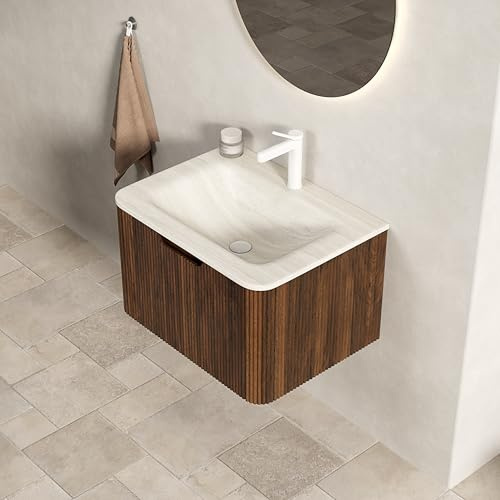 Roz - Mueble de baño montado en la pared de 60 cm – Fregadero de piedra travertino Roma con cajón en grano de madera de nogal, premontado – Juego de muebles de baño moderno (beige+nogal)