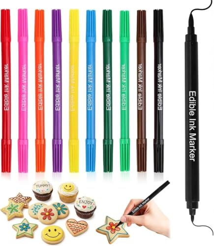 10x Edible Pens for Cake Decorating, Fine and Thick Tips Food Coloring Pens | Icing Pens for Cake Decorating, Edible Markers for DIY Fondant,Cakes, Cookies, Frosting, Baking Decorating Drawing Writing