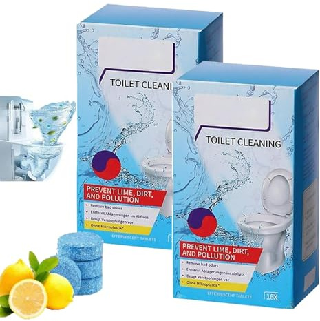 Lemon Scent Toilet Bowl Cleaner Tablets,16 Pcs/Box,Toilet Cleaner Active Tablets,Toilet Bowl Cleaner,Toilet Limescale Remover,Stain Remover Heavy Duty,Fizzy Foam Cleaner,Stain Removal Granules (2)