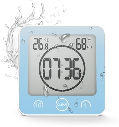 Peelanmall Orologio da bagno, con igrometro e termometro, display LED, impermeabile IP25, orologio digitale da bagno, conto alla rovescia, timer per doccia, cucina, vita familiare (blu)