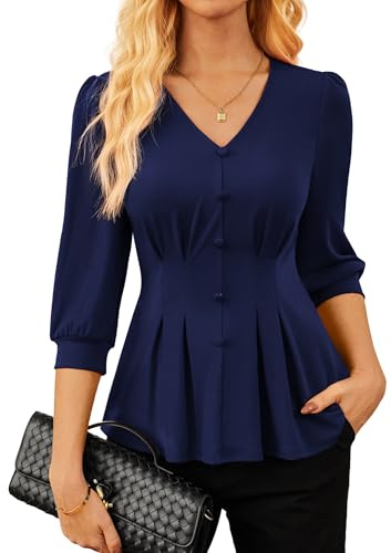 Women's Dirndl Blouse Elegant Business Work Style 3/4 Sleeve Ruffled Top 2026 for Spring/Summer Navy Blue M