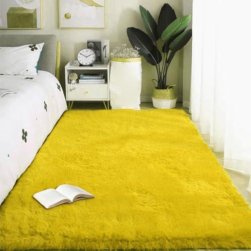 PSHCEE Teppich Wohnzimmer 120 x 140 cm Flauschiger Kuscheliger Modern Shag Plüsch Wohnzimmerteppich Seidenglanz für Schlafzimmer, Esszimmer Als Stilvoller Küchenteppich, Gelb