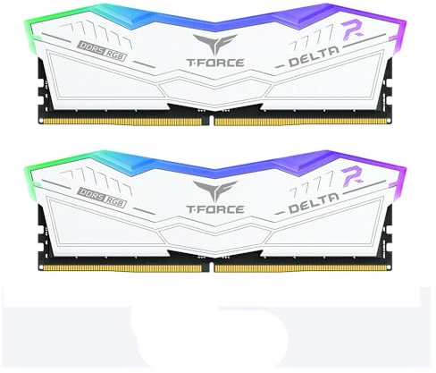 Team Group T-Force DELTA RGB DDR5 RAM, 7200 MHz, 32 GB (2 x 16 GB), CL34, memoria de escritorio con iluminación RGB, refrigeración PMIC, overclocking con un solo clic (blanco)