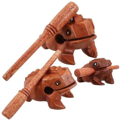 Gadpiparty Wooden Lucky Frog Sound Percussion Instrument Set, Handmade Natural Wood Frog Figurines 7x4cm 9.7x6cm 12.5x7.5cm, Unique Musical Block Decor for Home Office Shelf Display
