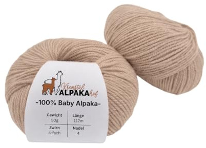 100% Baby Alpaka Wolle – 100g Set (2 x 50g) – 4-fädig – superweich & kratzfrei – Premium Strick- & Häkelgarn – in verschiedenen Farben – hochwertiges Baby Alpaca Yarn (2, beige, DK-112m auf 50g)