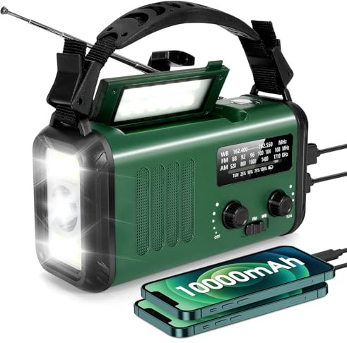 Wind Up Solar Radio, 10000mAh Survival Dynamo, AM/FM Emerg Weather Radio | Portable Self Powered Radios, Smart Phone USB Charger, SOS Alarm, Flashlight, Reading Lamp, for Outdoor Camping