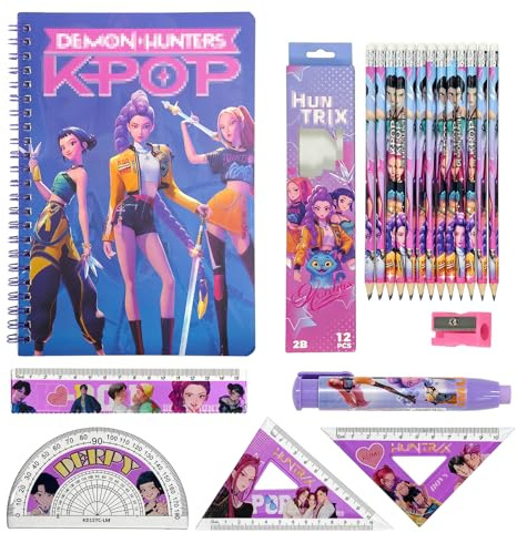 YFCHOTI Korean Pop - Juego de escritura escolar para niñas, lápices, gomas, reglas, sacapuntas, cuaderno con estilo anime, material escolar, material escolar, juego de regalo para cumpleaños