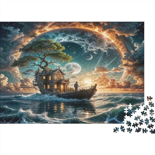 Fantasy Boat House 1000 Pieces for Adults Teens: Tree House Ship on Starry Sea Premium Recycled Board Great Gift Idea 70x50cm/1000pcs