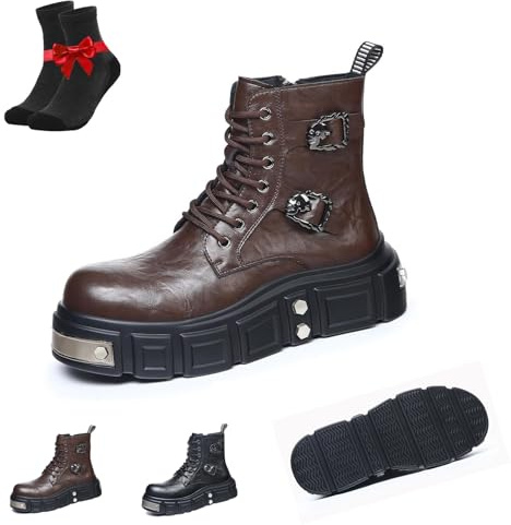 Topmis Botines Góticos De Plataforma Para Hombre, Botas Punk De Piel Con Cordones Y Cremallera Lateral, Calzado Biker De Tacón Grueso Para Looks Casual(Brown (Height-Increasing),44 EU)