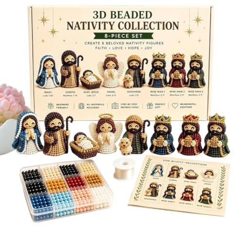 Krippen-Perlenset – 3D-Bastelarbeiten Zum Selbermachen, 8-teilig | Perlenfiguren-Set, Handgefertigte Christliche Religiöse Ornamente | Urlaubskunst- Für Frauen, Erwachsene, Mutter, Vater, Ehefrau