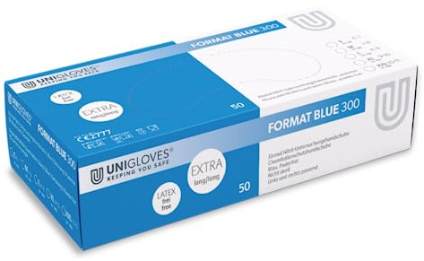 UNIGLOVES - Passgenaue FORMAT® BLUE 300 Einweghandschuhe aus Nitril | Lebensmittelecht, puderfrei & latexfrei | hohe Festigkeit & Haltbarkeit | extra lang | 50 Stück | Einmalhandschuh XXL