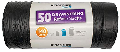 Kingfisher Super Strong Drawstring Bin Liners, Black, Pack of 50