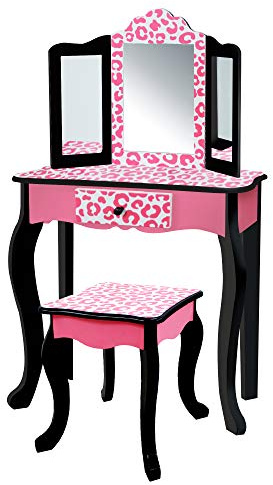 Teamson barn leopardtryck trä 2-st. Leksminkset med tredelad spegel, förvaringslåda och matchande pall för att spela utklädning, prinsessa eller skönhetsbutik, svart/rosa