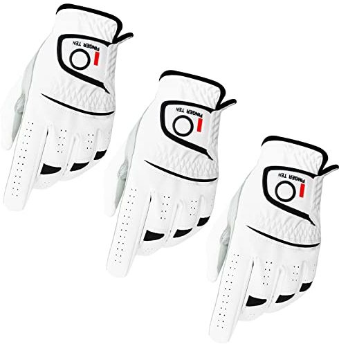FINGER TEN Golf Gloves Men Right Left Hand Men’s Golf Glove Lh Rh Hand Value 3 Pack, All Weather Leather Grip Small Medium ML Large XL Size (3 Pack, Large, Left)