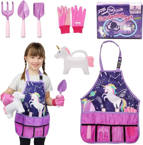 Cheerful Children Toys Kids Gardening Set – Gardening Tools for Kids with Watering Can, Shovels, Rake, Gloves & Apron – Planting Outdoor Activity for Ages 3-7, Unicorn Themed Gardening Set for Girls