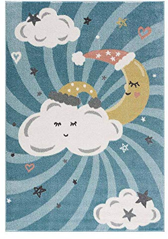 payé Teppich Kinderzimmer - Blau - 80x150cm - Wolken Mond und Sterne - Spielteppich Kurzflor Kinderteppich - Oeko-Tex Standard 100