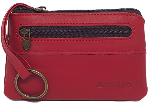 BAWAKO Estuche para llaves, 2 compartimentos con cremallera, cuero genuino, hermoso, para mujeres, hombres, niños, monedero pequeño, hecho a mano (rojo, W8/L13)