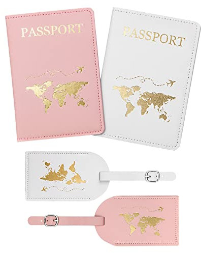 flintronic Reisepasshüllen und Gepäckanhänger, 2 Stück Gepäcketiketten + 2 Stück Reisepasshülle, Leder Reisezubehör Identifikationsanhänger & Kartenetuis für Paare Hochzeitsreise Geschenk