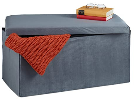 Relaxdays Sitzbank mit Stauraum, Samt, 80 L, Flur, Wohnzimmer, gepolstert, faltbar, Truhenbank, 38x77x39 cm, dunkelgrau