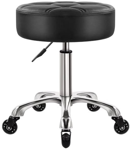 WKWKER 11 cm dicker Bürohocker auf Rädern, drehbar, verstellbar, PU-Leder, Sitzstuhl für Küche, Salon, Büro, Massage, Schwarz