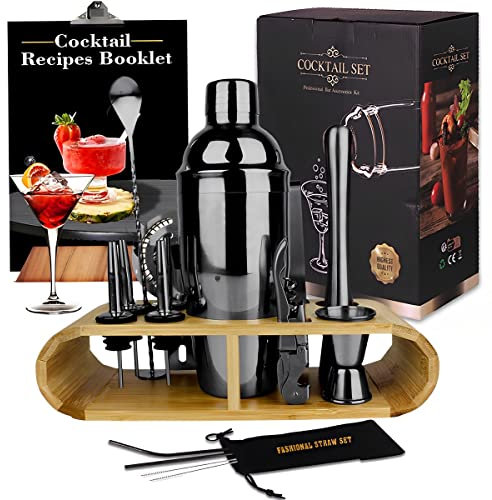 ZBPASL Set di 16 shaker cocktail, cocktail shaker, jigger, una pinza per ghiaccio, set da cocktail con muddler, shaker da cocktail, set di attrezzi da bar (nero)