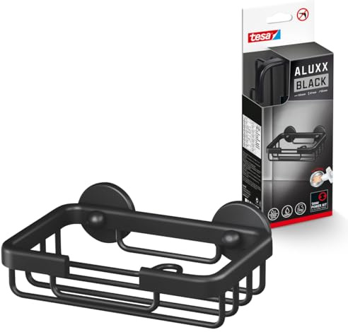 tesa ALUXX BLACK Seifenablage zur Wandmontage ohne Bohren, schwarz matt - für Bäder im Industrial Style und moderne Badezimmer - mit Klebelösung - 135 mm x 46 mm x 95 mm