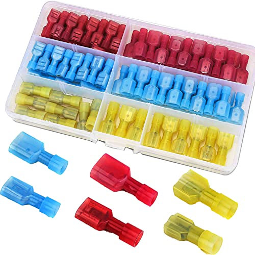 RUNCCI-YUN 100 Stück Elektrische Steckverbinder Isolierte Kabelschuhe Set Quetschverbinde, kfz flachstecker stoßverbinder Sortiment Set (AWG Rot 22-16, Blau 16-14, Gelb12-10)