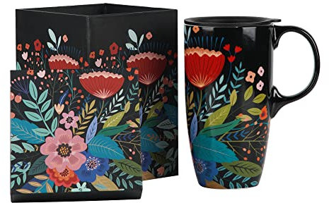 Topadorn Ceramic Travel Mug Porcelain Pottery Mugs Ceramic Cup Travel Coffee Mug with Gift Box, 17oz Large Capacity Mug Home Office Gift, Microwave & Dishwasher Safe, Flowers
