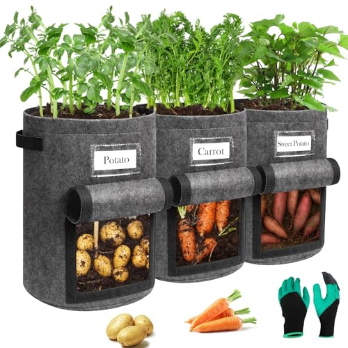 Airminti Kartoffel Pflanzsack 13-Gallonen Garten Pflanzsäcke: 3-Stück Filz Kartoffelsack mit Gartenhandschuhe für Tomaten, Kartoffeln, Pflanzen