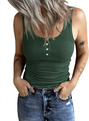 Fessceruna Damen Tops Sexy U-Ausschnitt Tank top Ärmellos Sommer Oberteile Gerippt Camisole mit Knöpfen(Armeegrün, M)