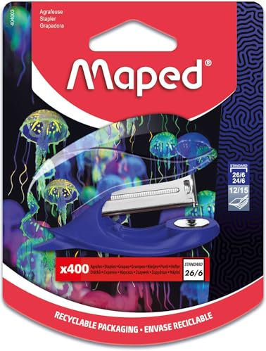 Maped – Pinzatrice Deepsea Paradise – Attacco fino a 15 fogli – Clip 24/6 e 26/6 – Meccanismo in metallo – Blister con 400 graffette
