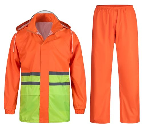 KTWOLEN Combinaison de Pluie pour Homme Imperméable Réfléchissante Ensemble de Pluie Veste et Pantalon Imperméables 2 Pièces Extérieur Vêtements de Pluie avec Capuche, Orange, M