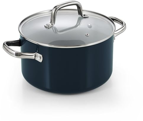 Cook N Home Non Stick Stock Pot with Lid, 6-Quart Hard Anodized Ceramic Nonstick Gumbo Pasta Pot, Induction Cookware Stockpot for Cooking, Canning, Sauce, Ollas para Cocina, Blue