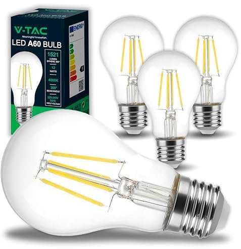 V-TAC 4x Lampadina LED a Filamento con Attacco E27 12W (Equivalenti a 100W) A60-1521 Lumen - 4 Lampadine LED Massima Efficienza e Risparmio Energetico - 4000K Luce Bianca Naturale