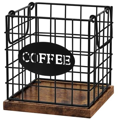 BCOZLUX Coffee Pod Holder Organizer,Large Capacity K Cup Holder Organizer, Storage Basket for Kitchen Countertop Office Coffee Bar with Wooden Base(Rustic Brown-Square)