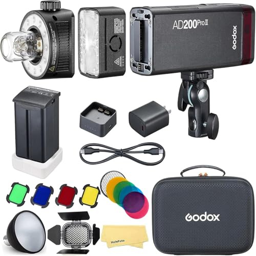 Godox AD200 Pro II AD200ProII Godox Flash with BD-07 Barn Door and AD-S2 Standard Reflector/AD-S11 Color Gels Kit for Canon Sony Nikon Fujifilm Olympus Panasonic Pentax Etc Cameras,0.01-1.8s Recycling