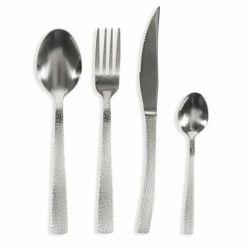 Villa d'Este Home Tivoli Set de 24 cubiertos de acero inoxidable, mango efecto martillado, plata mate, piedra