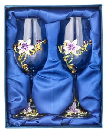 MEIGLQEA Wine Glasses Set of 2, Handcrafted Enamel Flower Red White Wine Glasses Pretty Floral Goblets with Gift Box for Women Wife Mom Friends Mothers Valentines Day (Purple)