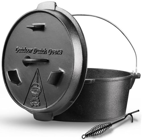 NSIRONS Camping Dutch Oven,12 Qt Pre-Seasoned Cast Iron Camp Dutch Oven Pot with Lid - Lid Lifter, Cast Iron Dutch Oven with Metal Handle for Cooking BBQ Baking Campfire Modern Black