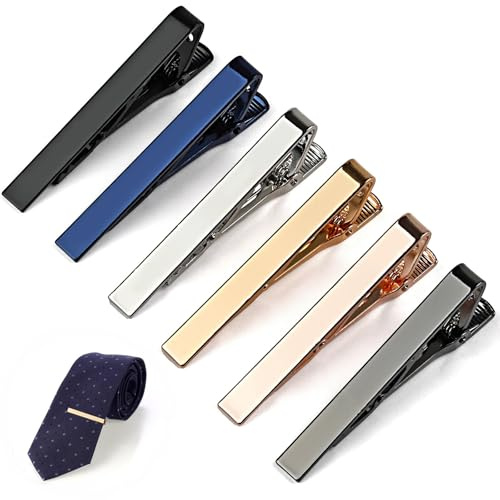 6 Pcs Tie Clips for Men, 6 Classic Colors Shiny & Glossy Tie Bar, Ideal for Father, Husband, Boyfriend, Business, Wedding, Tie Pins with Gift Box